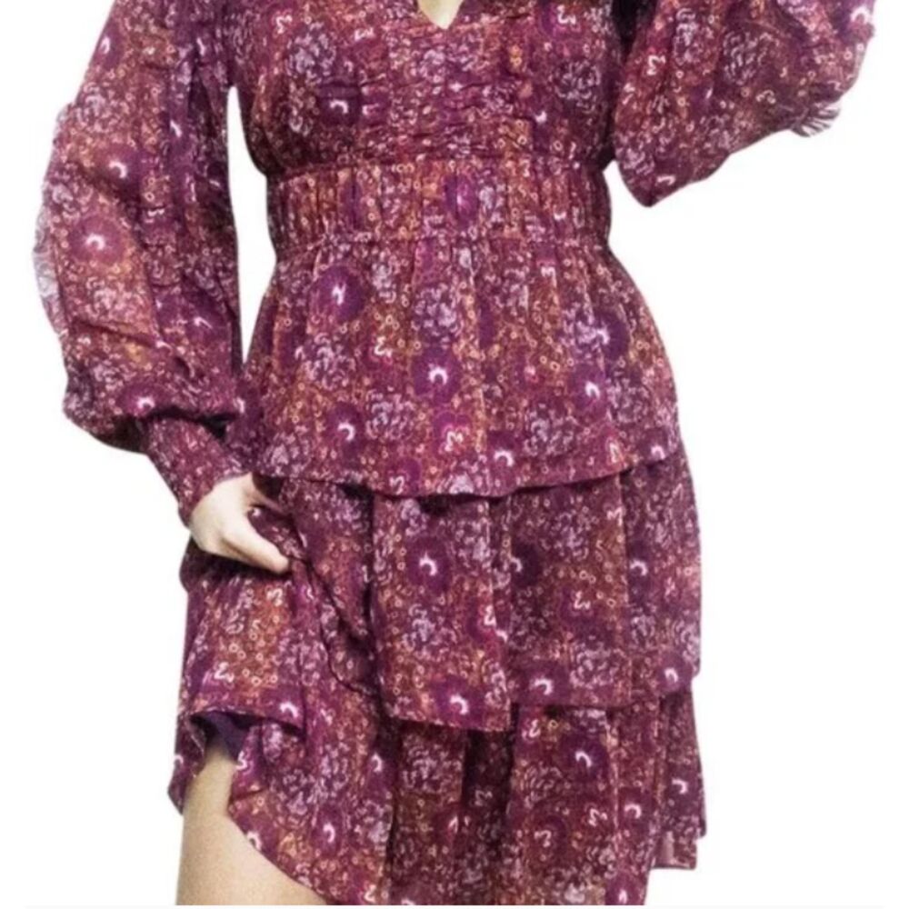 House of Harlow 1960 Floral Dress Burgundy Metallic Tiered Ruffle Dress Sz 8